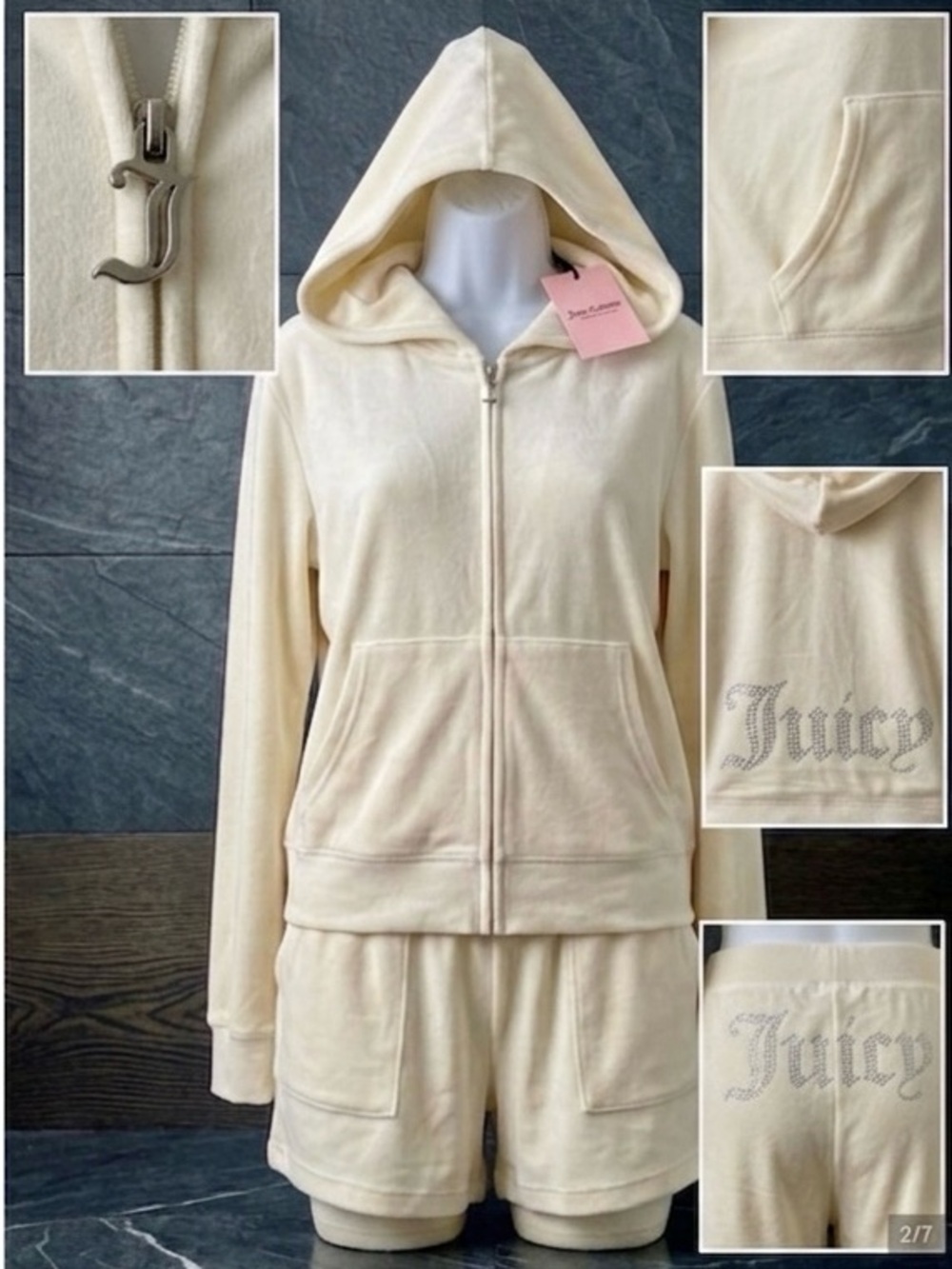 Juicy Couture Velour Bling Tracksuit Hoodie & Pant Ivory Size XL NWT